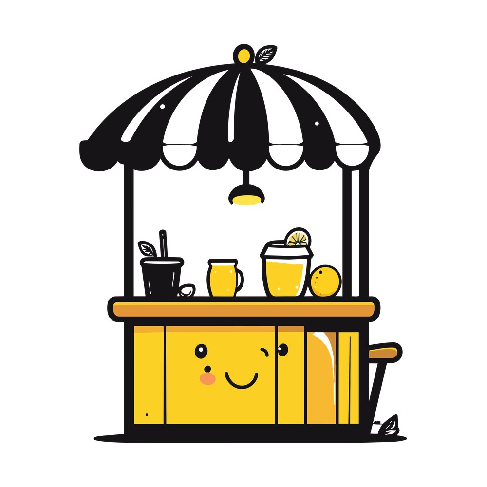 Yellow lemonade stand with striped awning, cups of lemonade and a winking smiling face