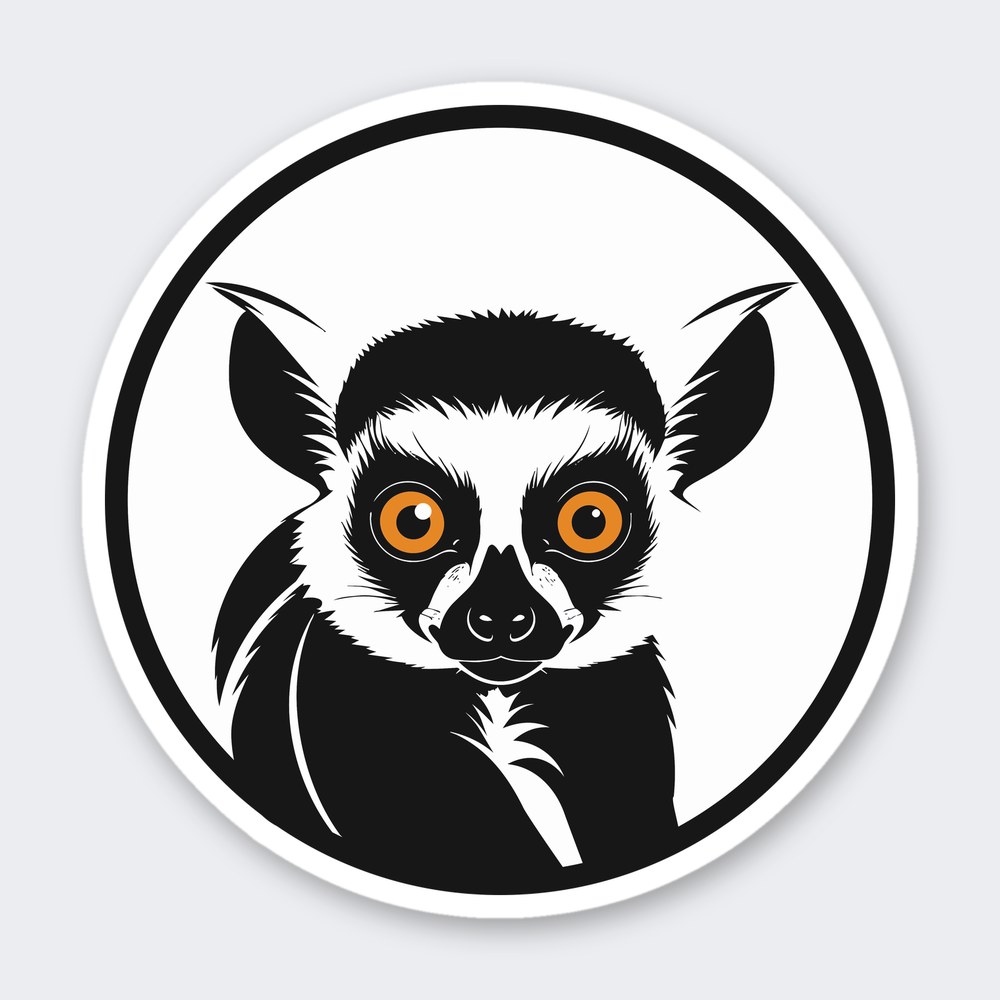 Ring-tailed lemur face with amber eyes and striped tail inside a bold black circle frame