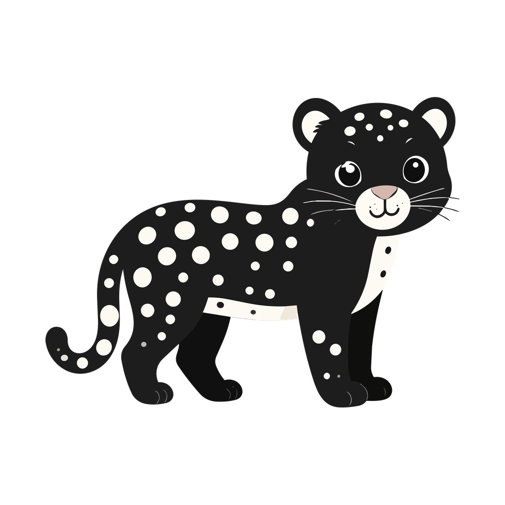 Cartoon leopard cub in profile with cream spots, large eyes and a curled tail