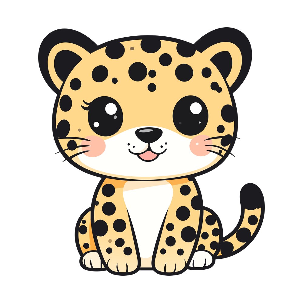 Kawaii leopard cub sitting upright with big eyes, blush cheeks and black spots