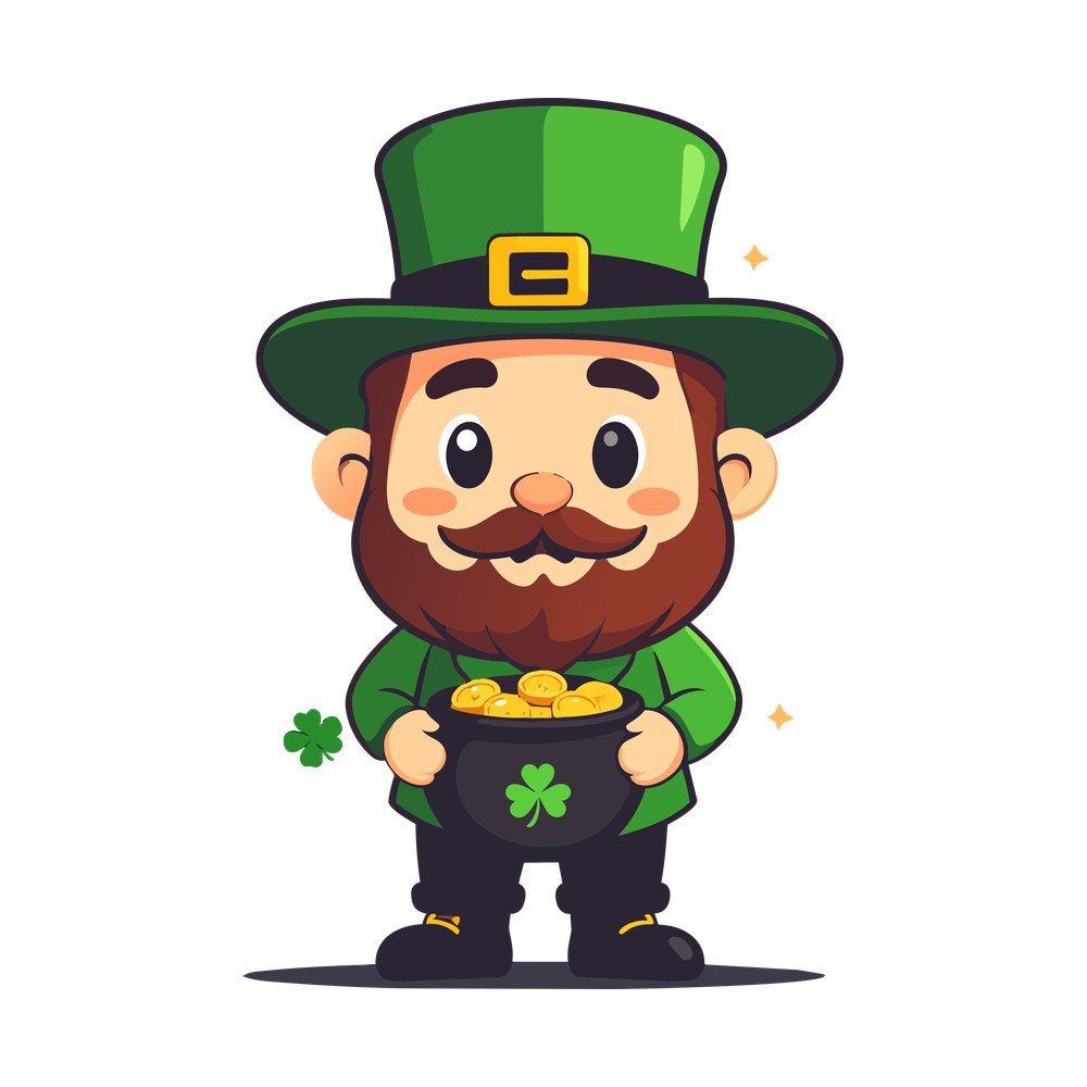 Cartoon leprechaun in a green top hat and coat holding a black pot of gold coins with shamrock