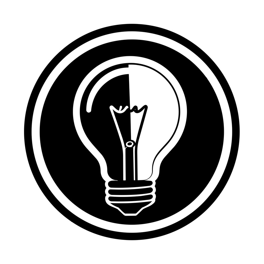 Light bulb with visible filament inside a thick black circular badge outline