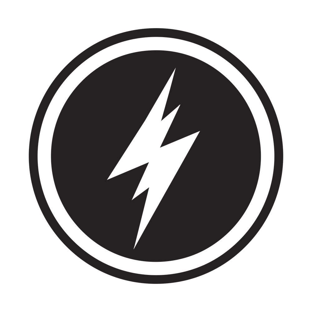 White lightning bolt inside a solid black circle with a thin outer ring border