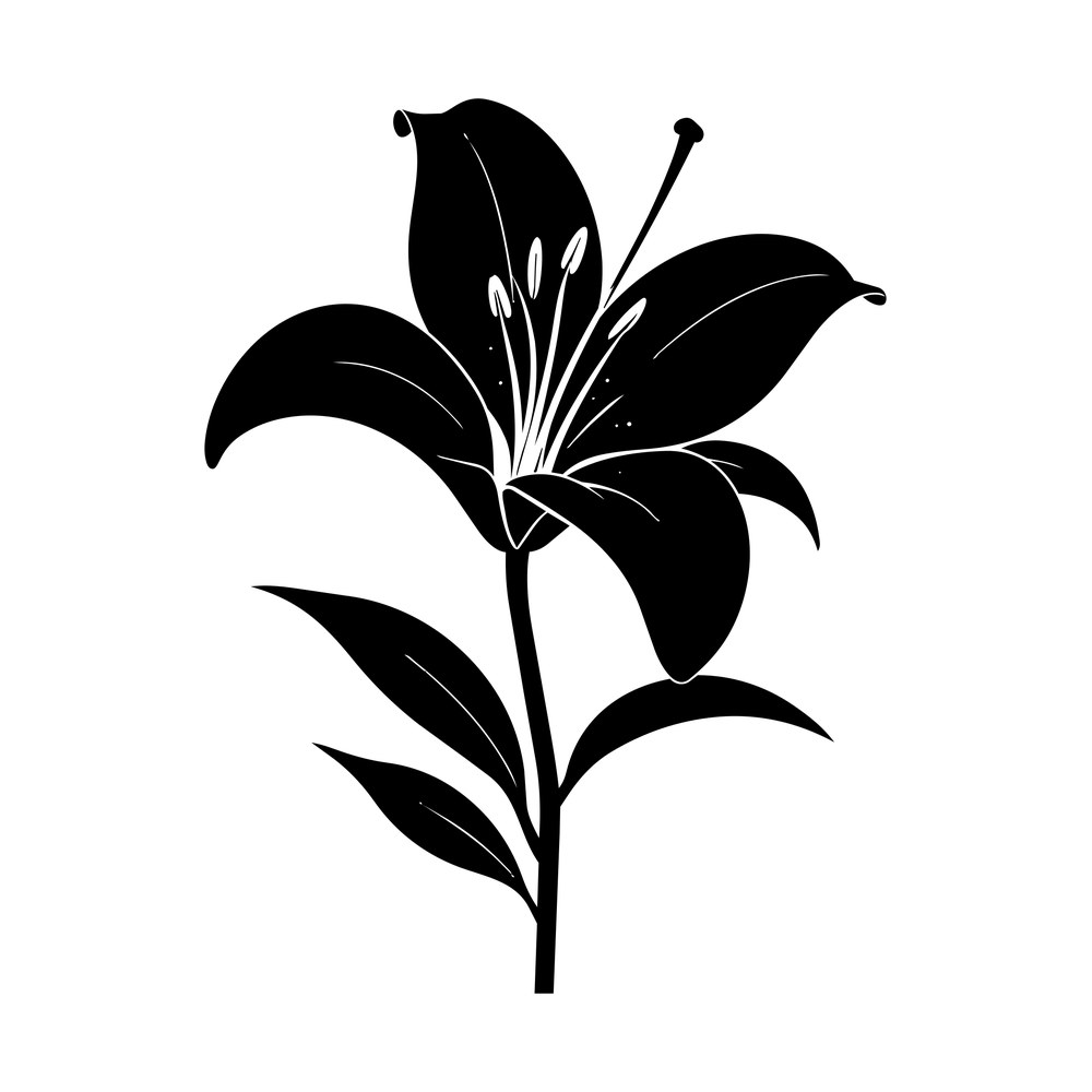 Black silhouette of an open lily flower with long stamens on a leafy stem