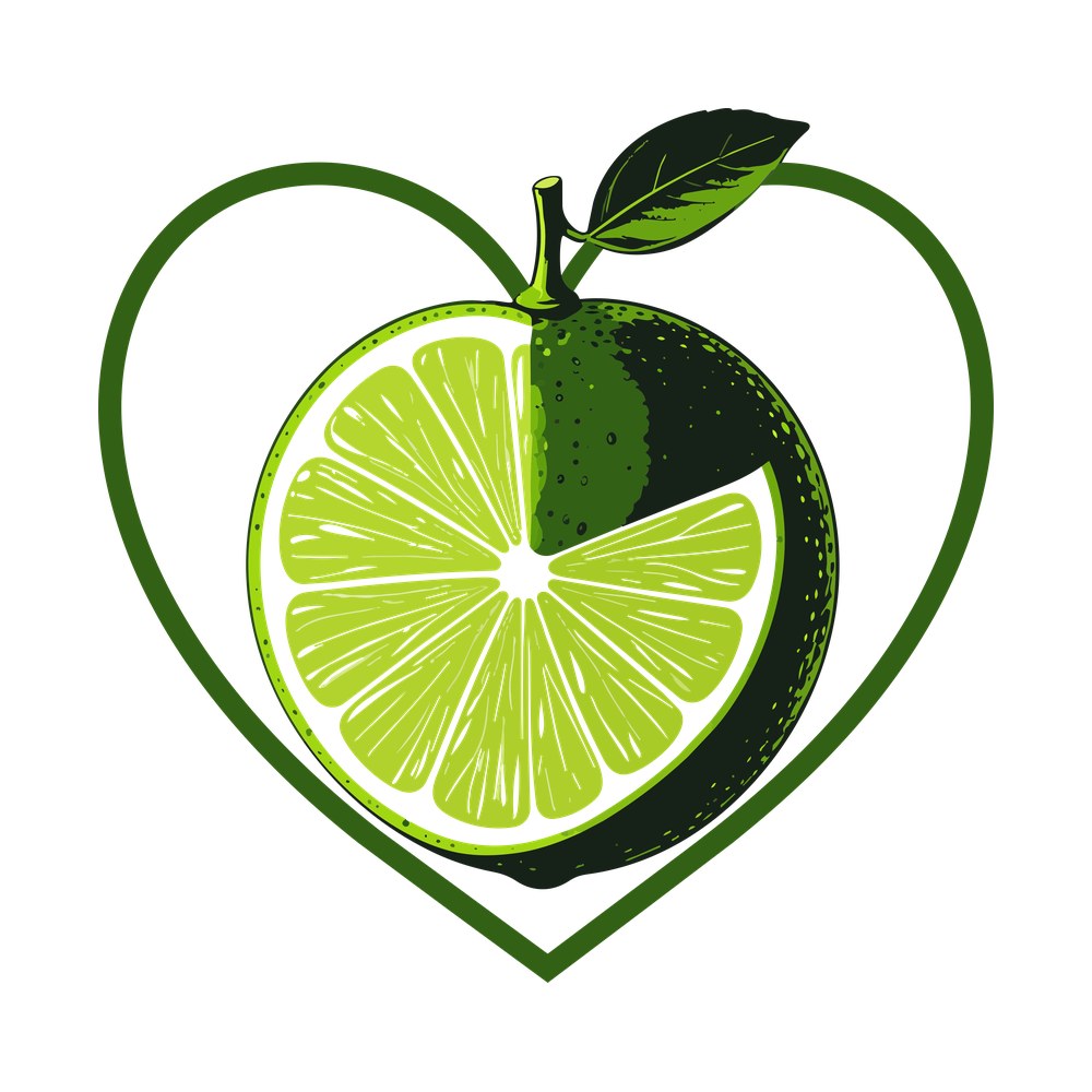 Halved green lime with a leaf, framed by an outlined dark green heart