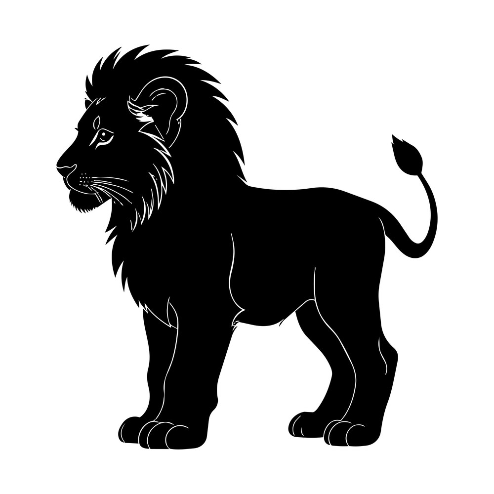 Side view silhouette of a standing lion with a thick mane and tufted tail, solid black on white
