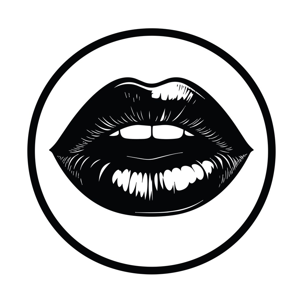 Black inked lips with a highlight, framed inside a circular outline badge