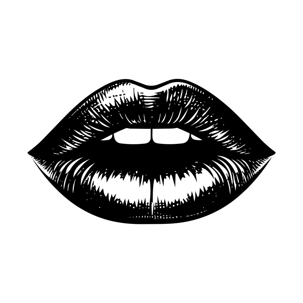 Hand-inked parted lips with hatched shading and two front teeth visible
