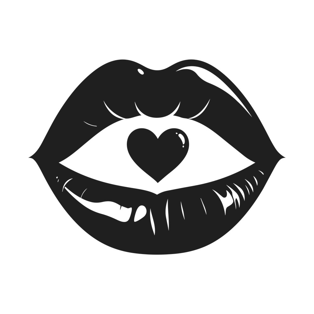 Bold black parted lips with white gloss highlights and a small heart between them