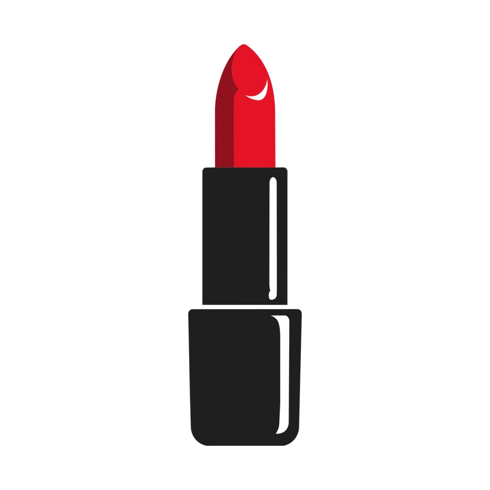 Red lipstick sticker with angled bullet in a black tube, flat vector style