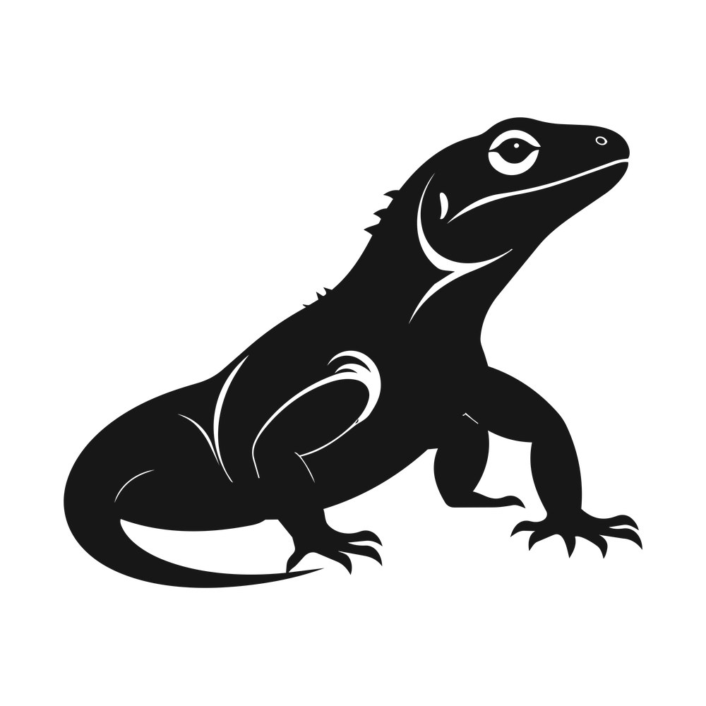 Black lizard silhouette in side view with spiny crest, clawed feet and curled tail