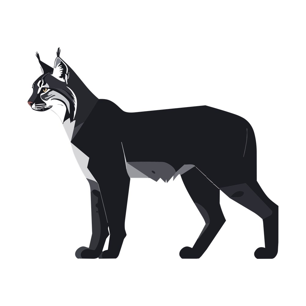 Lynx standing in profile drawn as flat geometric panels in black, gray and white with amber eye