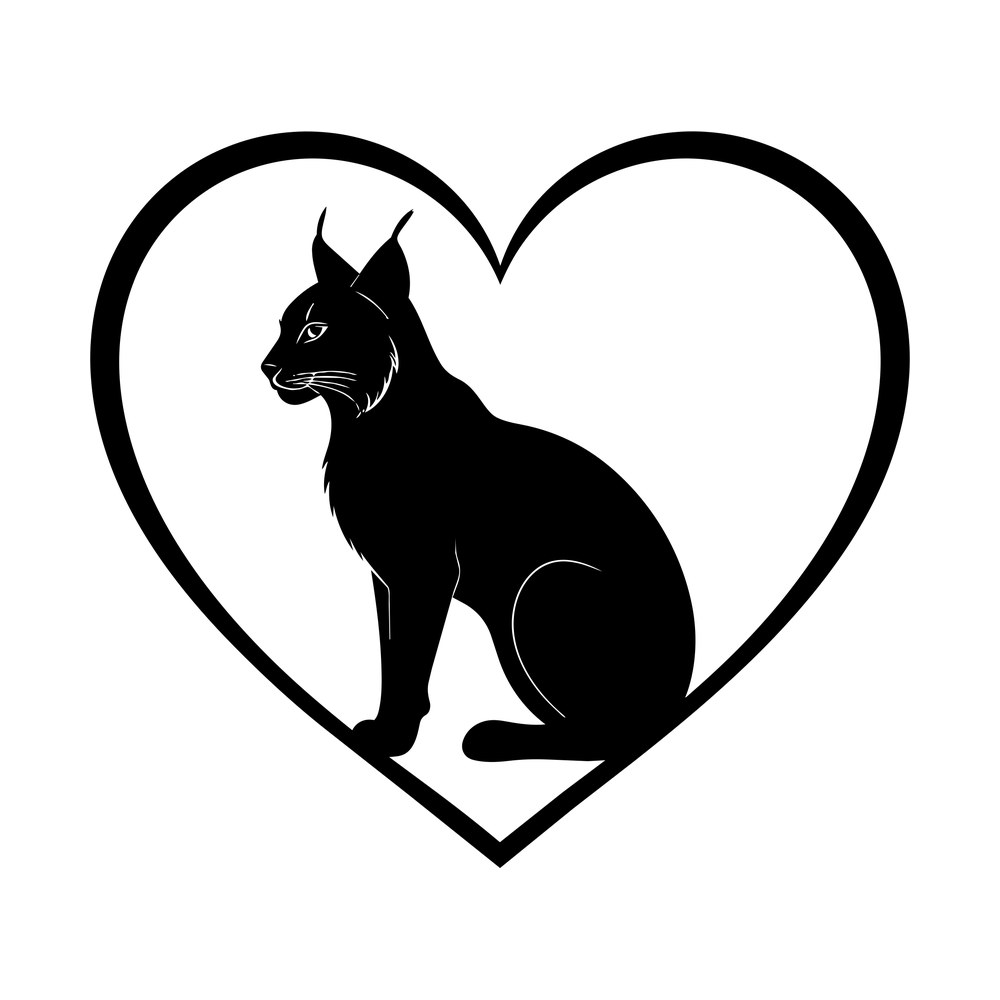 Black sitting lynx in profile with tufted ears inside a heart outline frame
