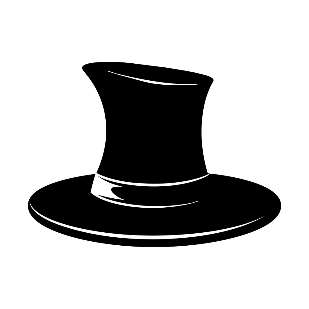 Solid black magician's top hat with a wide curved brim and a thin white band