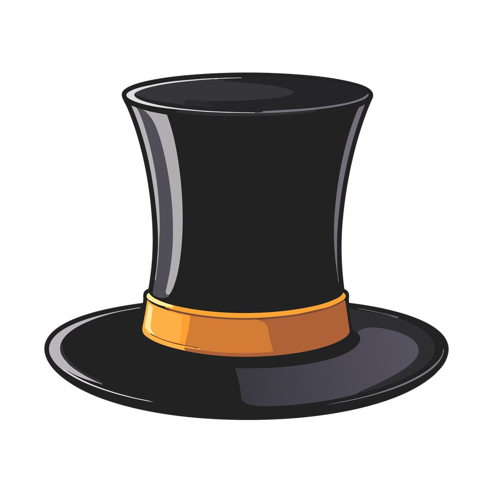 Glossy black cartoon top hat with gold band and gray highlights on a transparent background