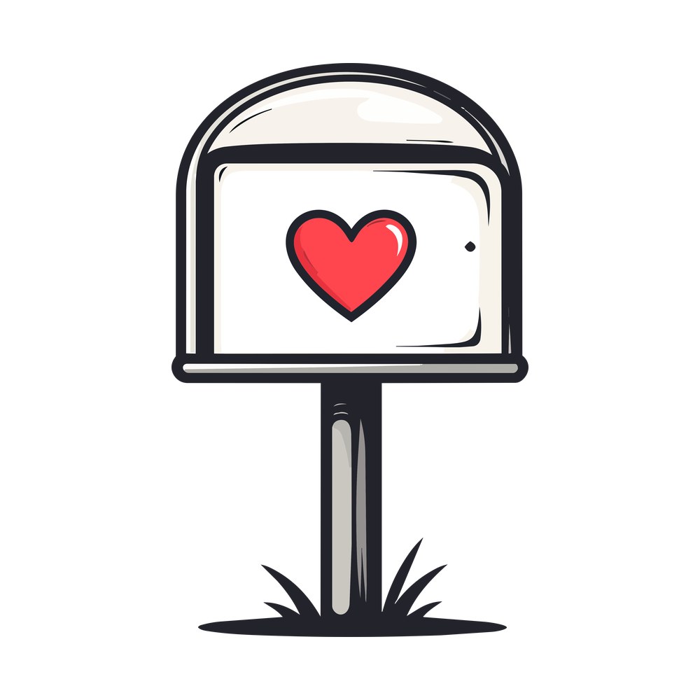 Cream mailbox on a post with a red heart on the door and grass at the base