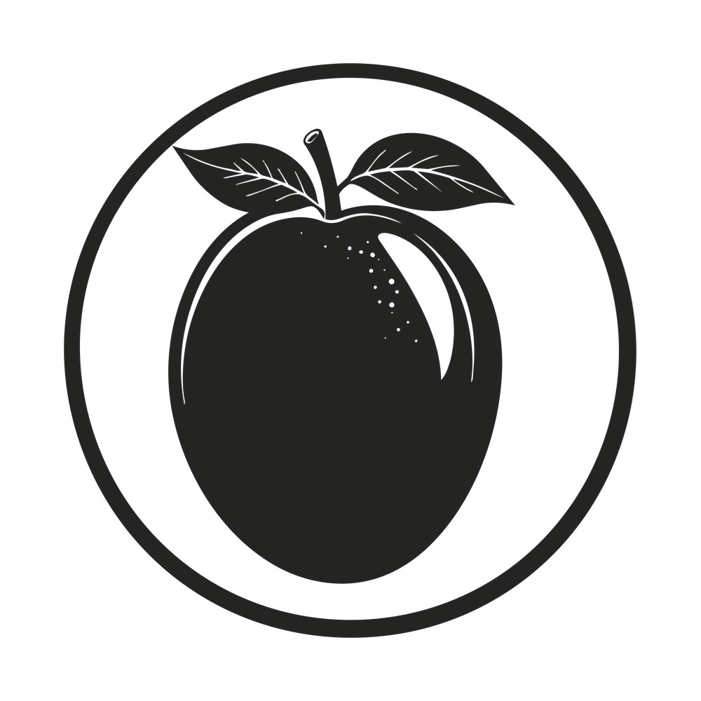 Solid black mango with two leaves inside a circular outline badge