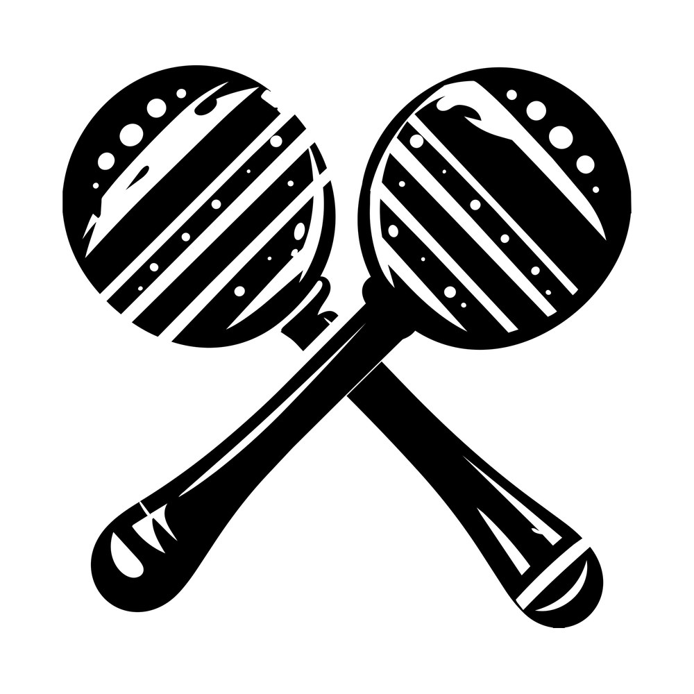 Two crossed maracas in solid black with diagonal stripes and dot details