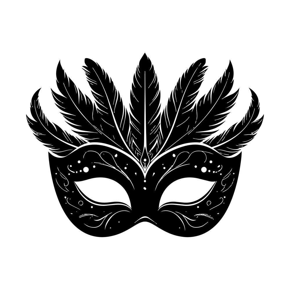Black masquerade mask silhouette with seven tall feathers and swirl detailing on the face