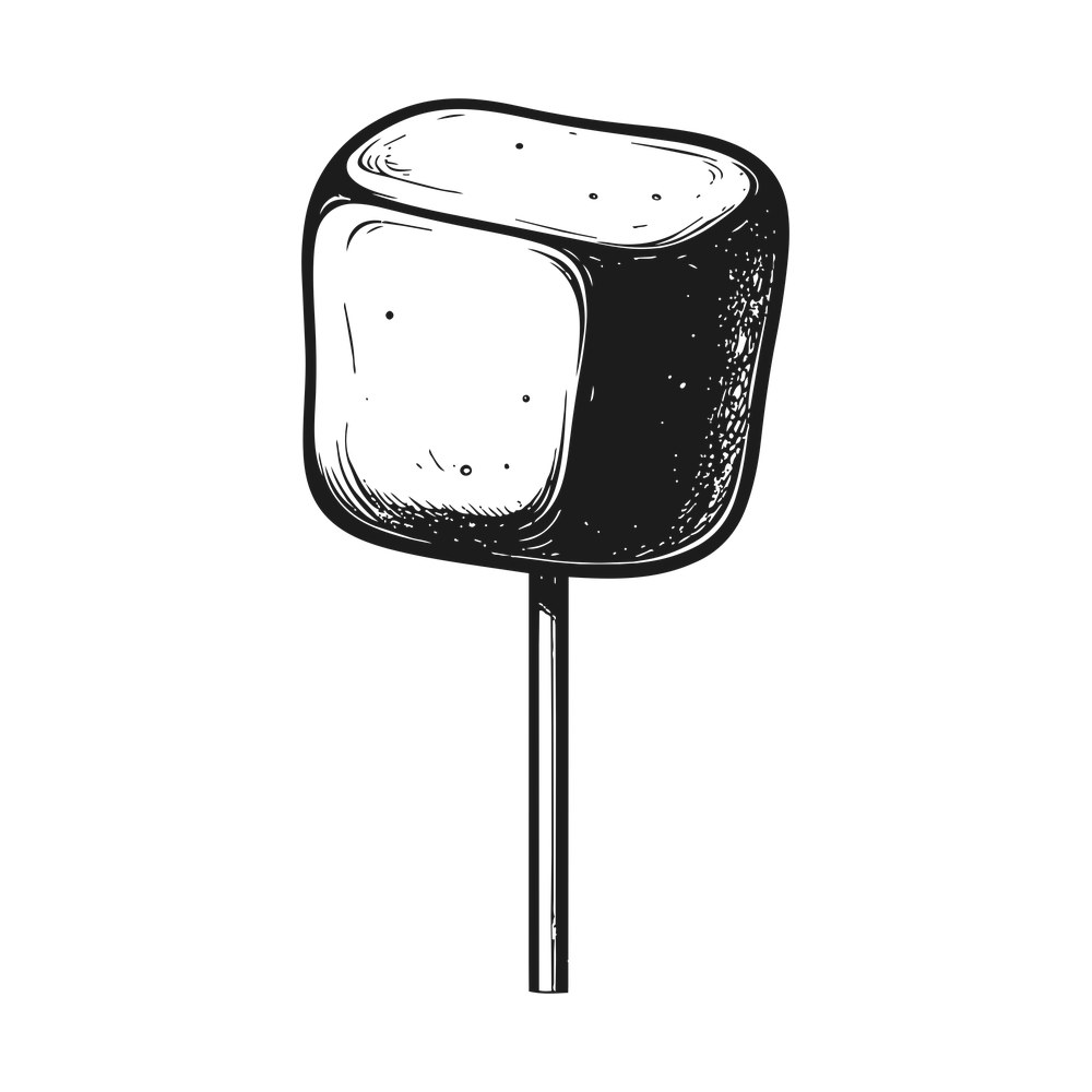 Black and white sketch of a square marshmallow on a thin roasting stick with hatched shading