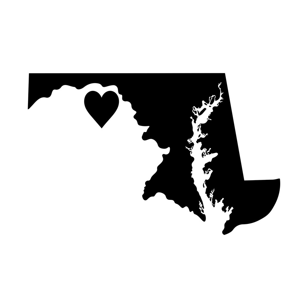 Black Maryland state map sticker with the Chesapeake Bay in white and a heart marker