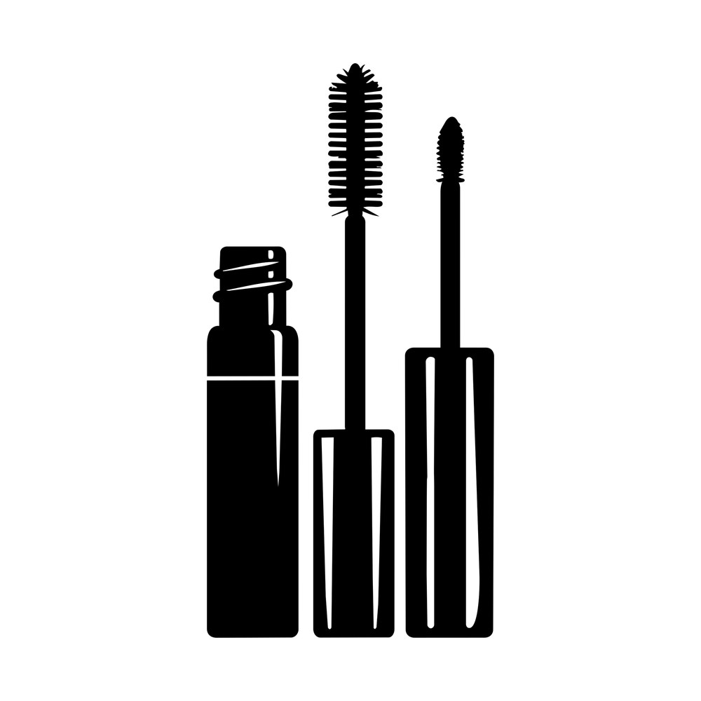 Black sticker illustration of a mascara tube with a spiral brush wand and a second applicator