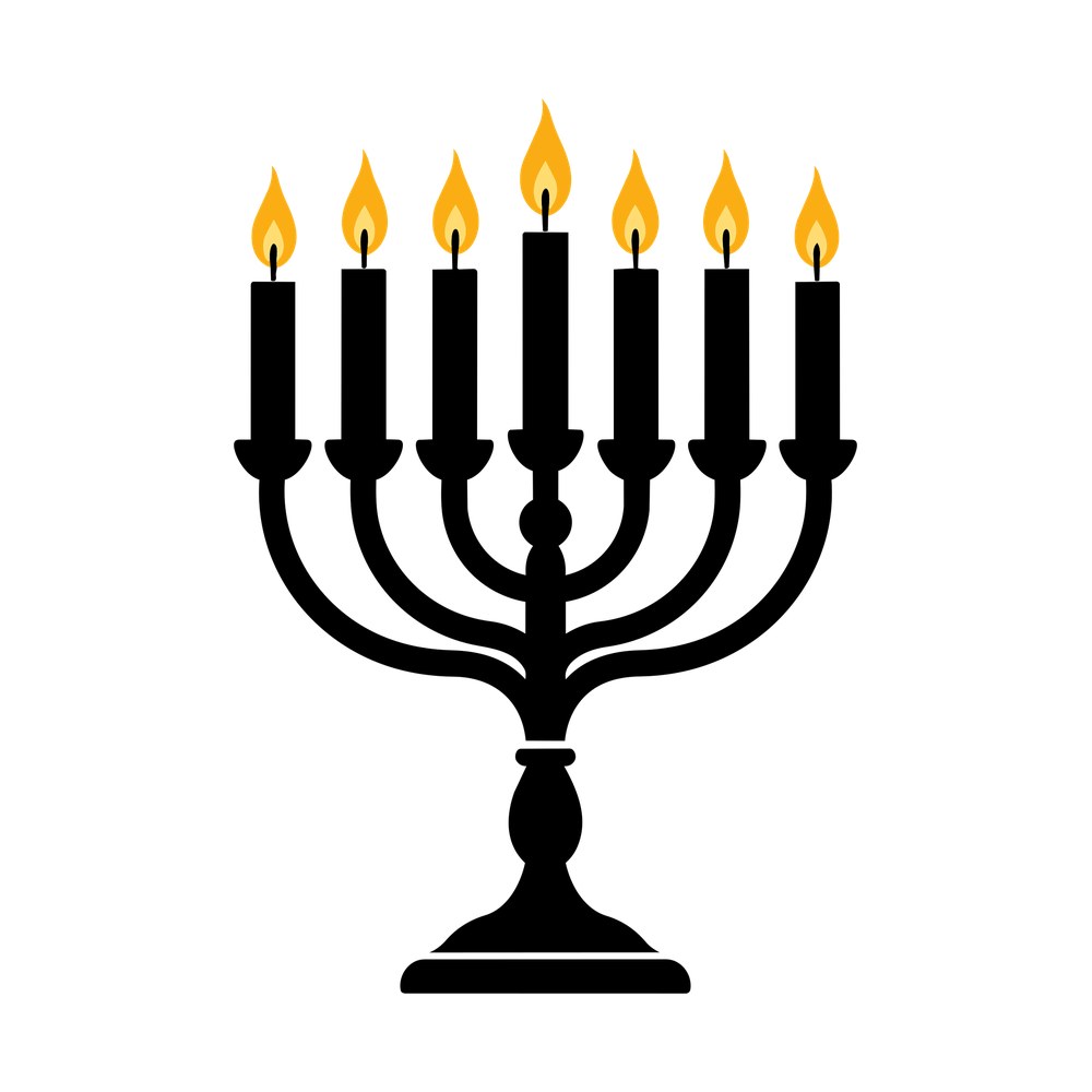 Black seven branch menorah with seven candles and gold and yellow flames on a footed base