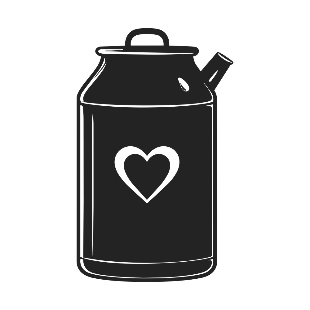 Black milk can with lid, handle and spout, with a heart shape on the front