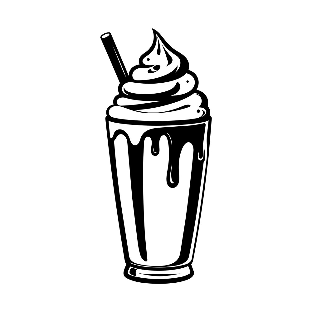 Line art milkshake sticker in a tall glass with whipped cream swirl, straw and dripping sides