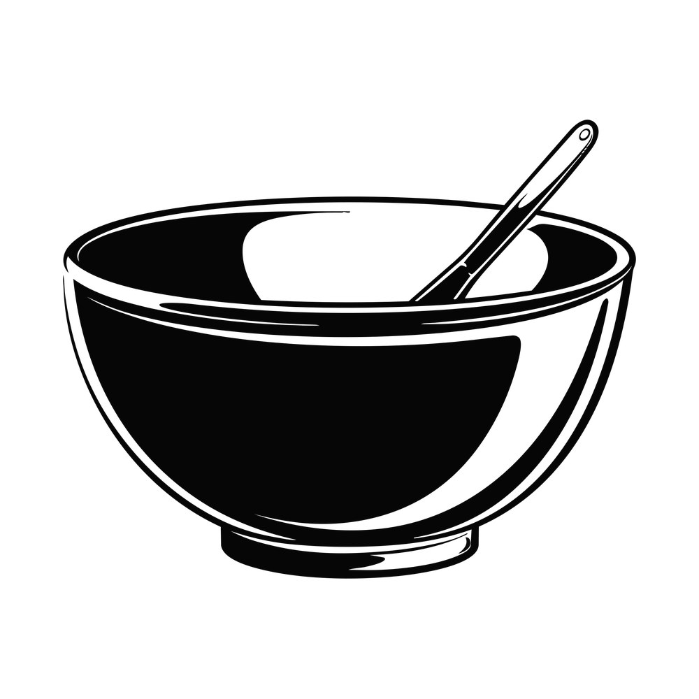 Retro style black mixing bowl seen from the side with a long spoon resting inside