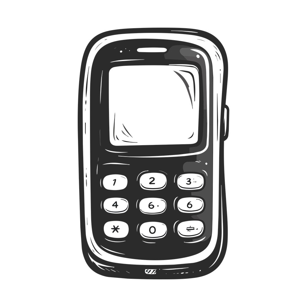 Hand-drawn doodle of a retro cell phone with a keypad and blank screen