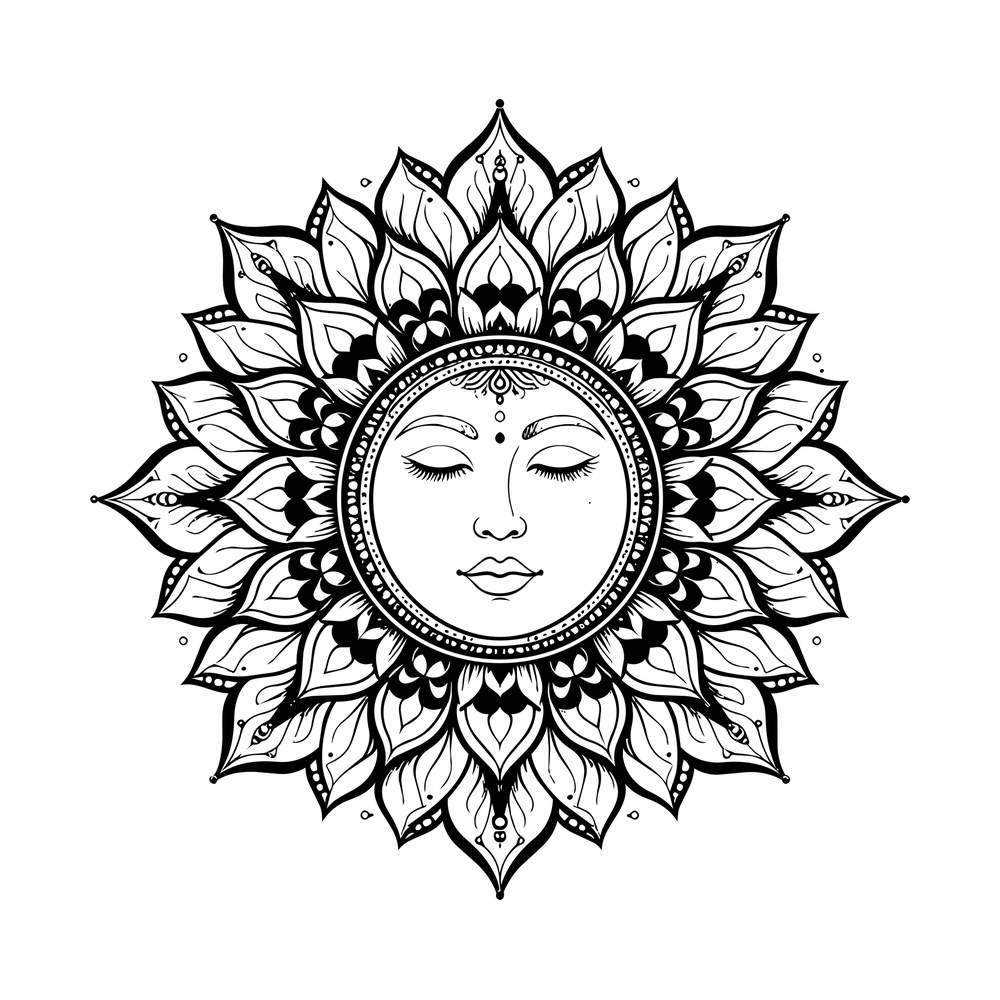 Line art mandala with a sleeping face at the center surrounded by rows of detailed petals