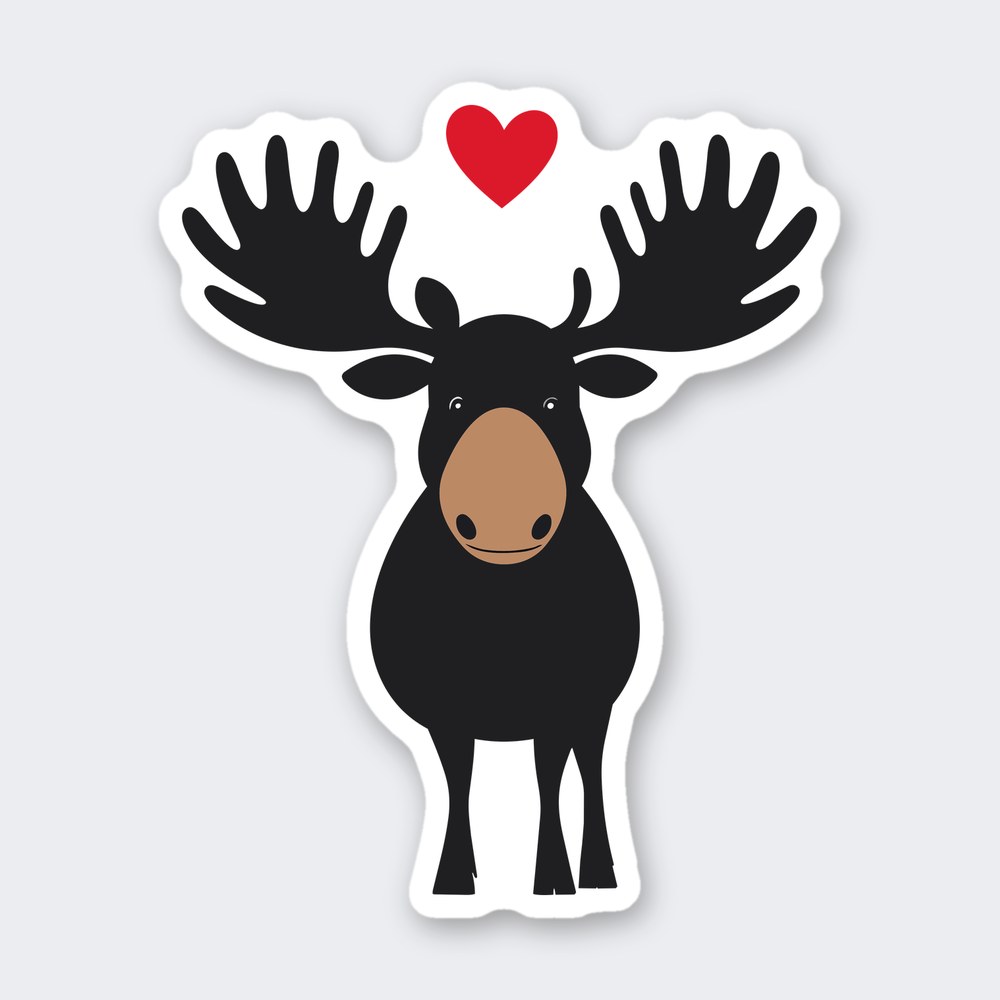 Black cartoon moose facing forward with tan muzzle, wide antlers and a red heart above
