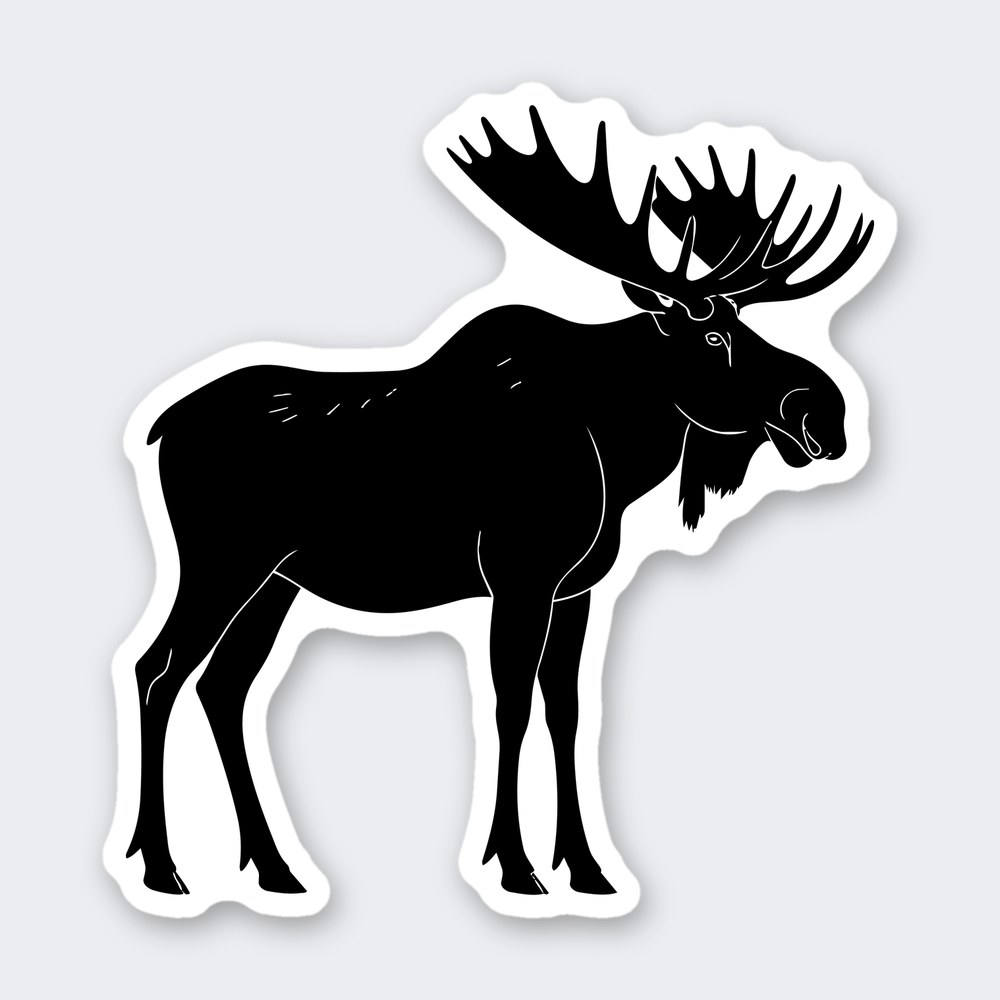 Black silhouette sticker of a bull moose standing side on with large palmate antlers