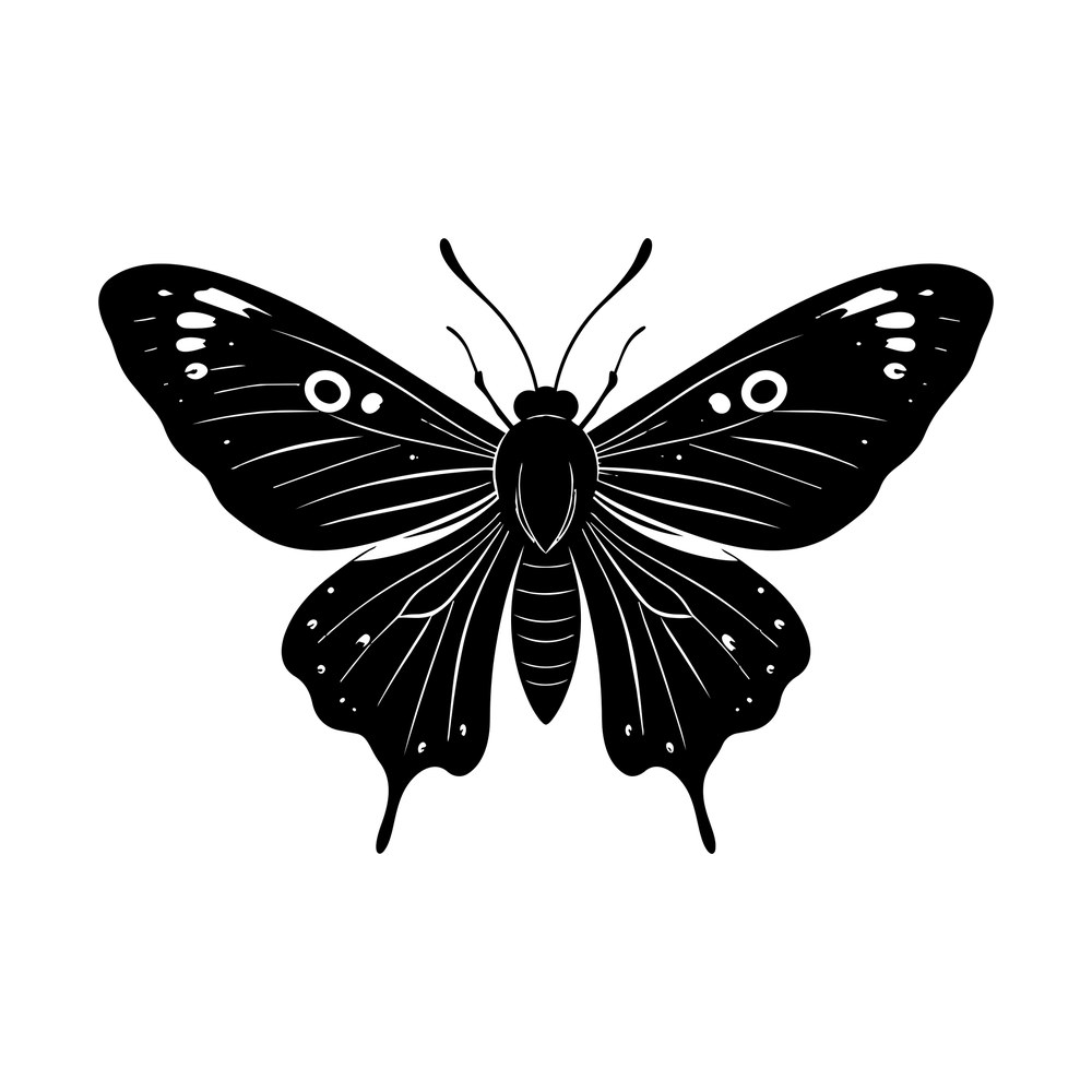 Black moth silhouette cut file with spread wings, eye spots, vein lines and curled antennae