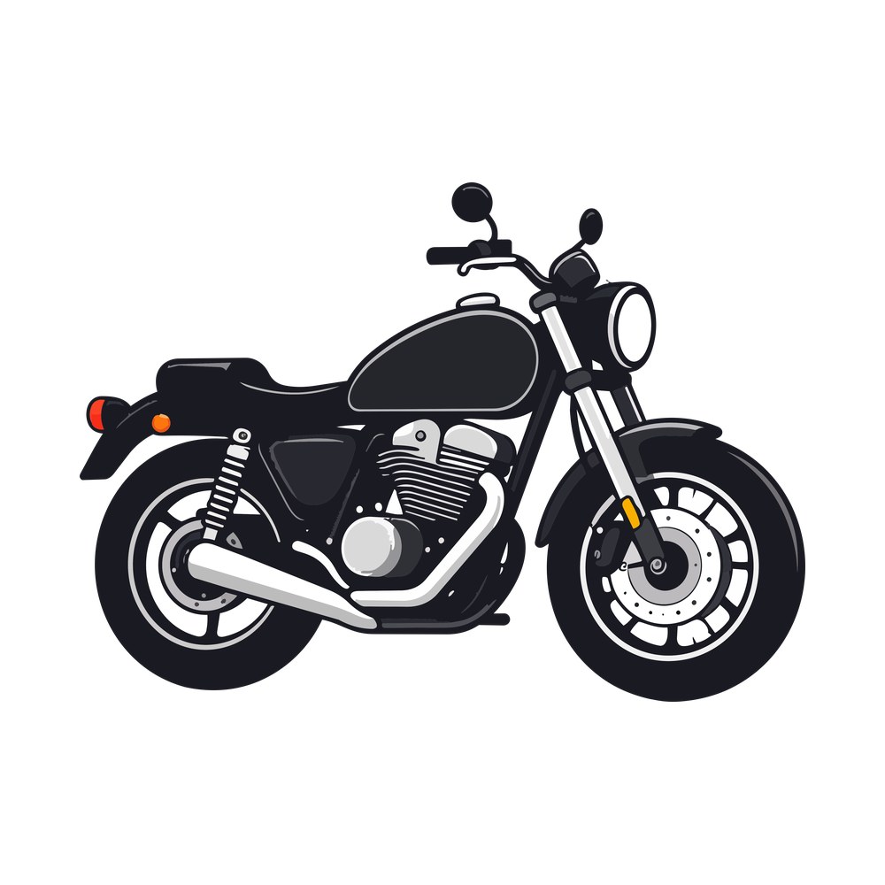 Side view of a black cruiser motorcycle with chrome exhaust, engine fins and round headlight