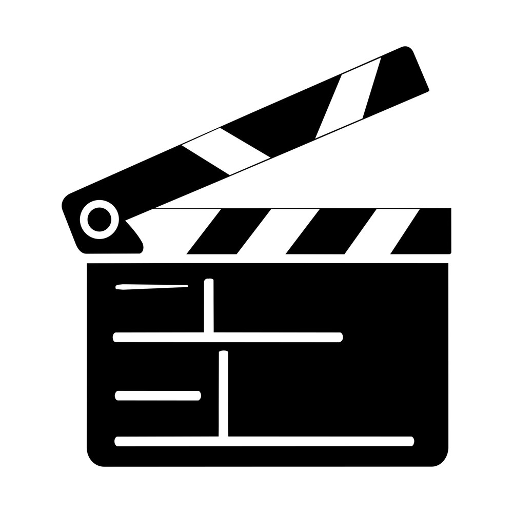 Black and white movie clapperboard sticker with striped top bar and blank scene lines