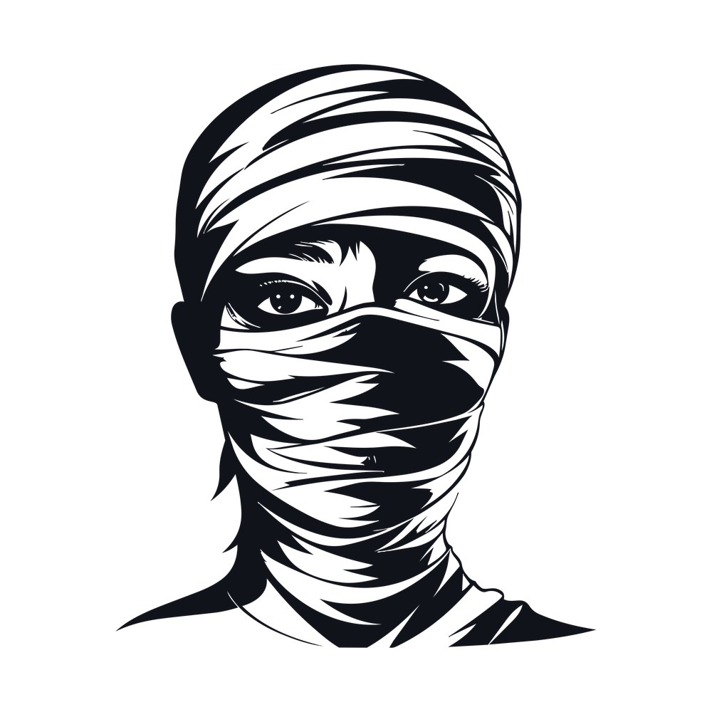 Black and white mummy head wrapped in torn bandages with only the eyes visible