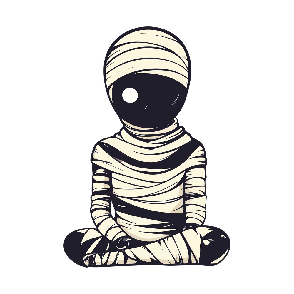 Cartoon mummy wrapped in cream bandages sitting cross-legged with one white eye