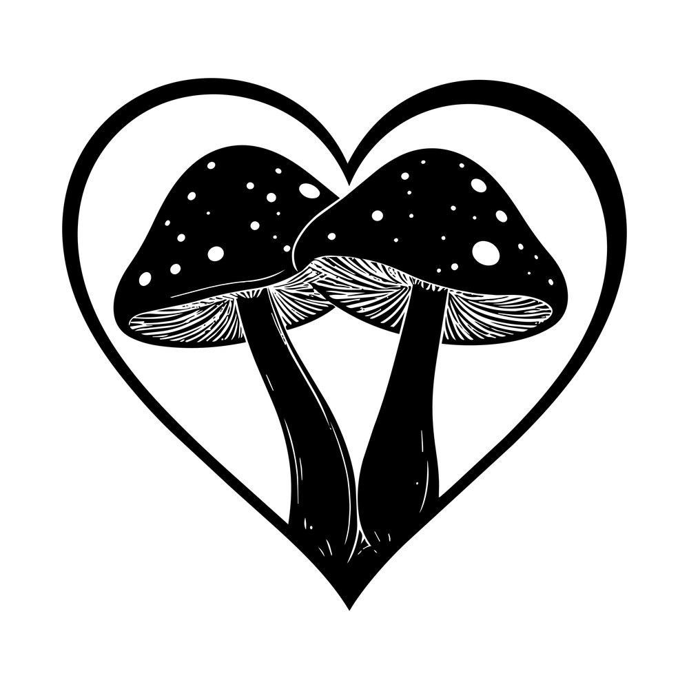 Two spotted mushrooms with detailed gills framed inside a black open heart outline