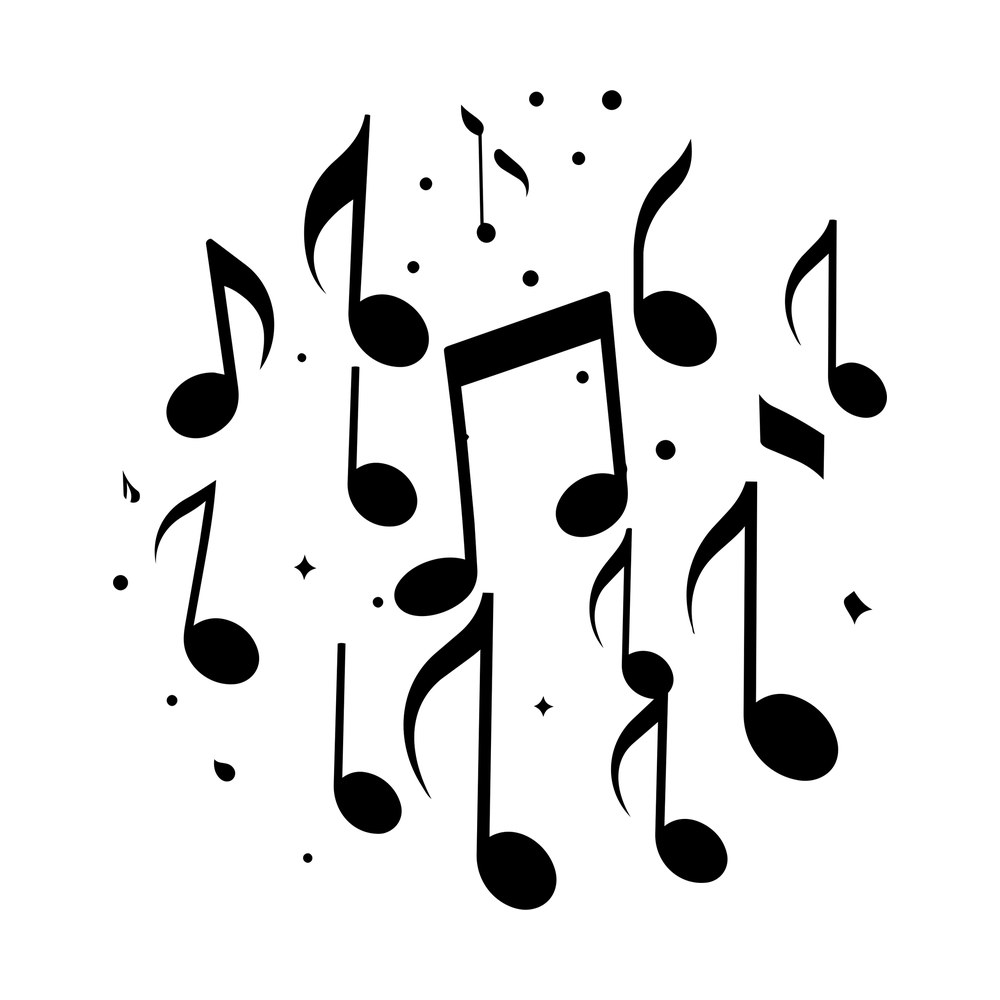Circular arrangement of black music notes with small dots and sparkles scattered between them