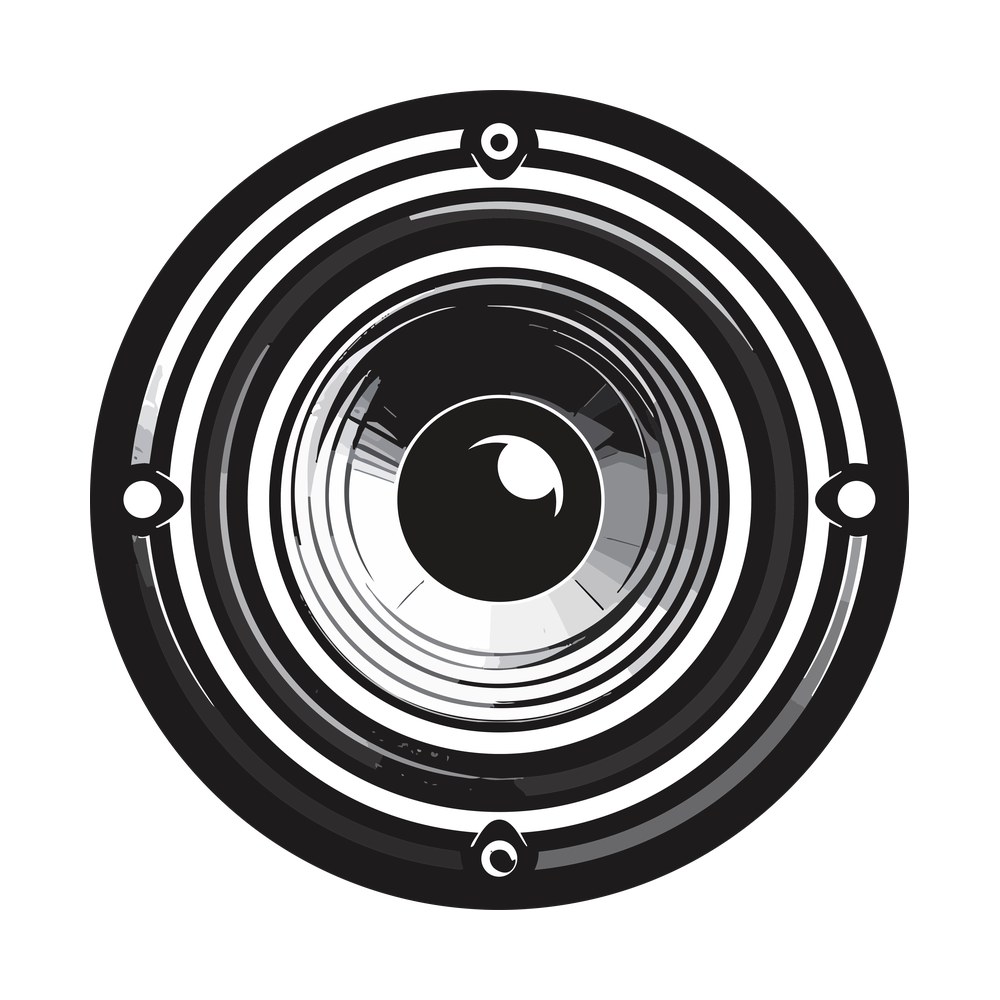 Black and gray loudspeaker seen from the front with concentric rings, dust cap and four bolt heads
