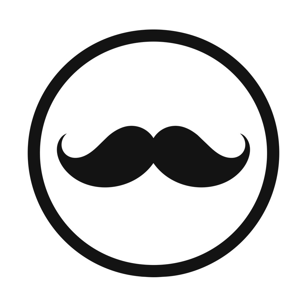 Bold black handlebar mustache with curled tips centered inside a thick circle outline