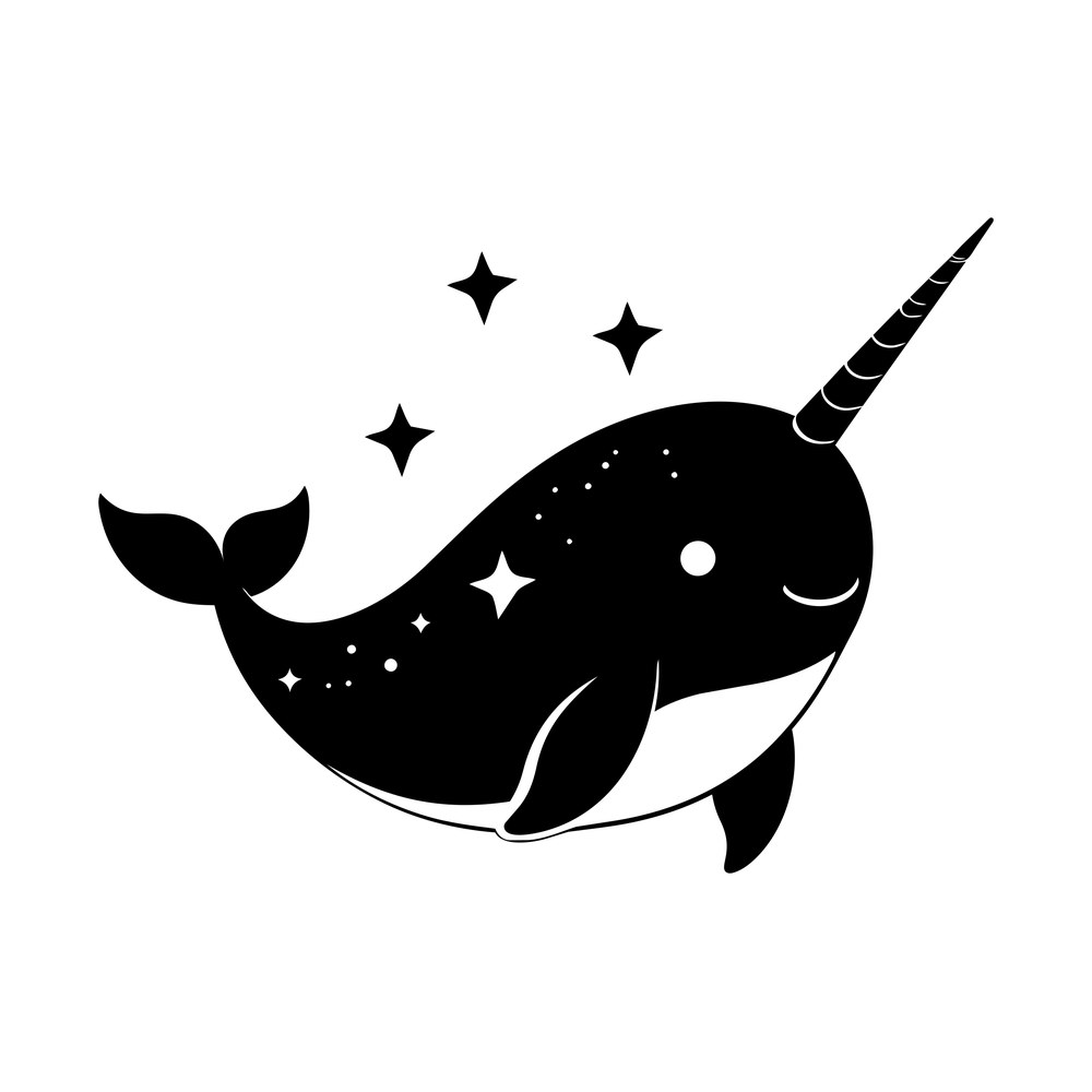 Cute chubby narwhal with a spiral tusk, smiling eye and small sparkle stars above its tail