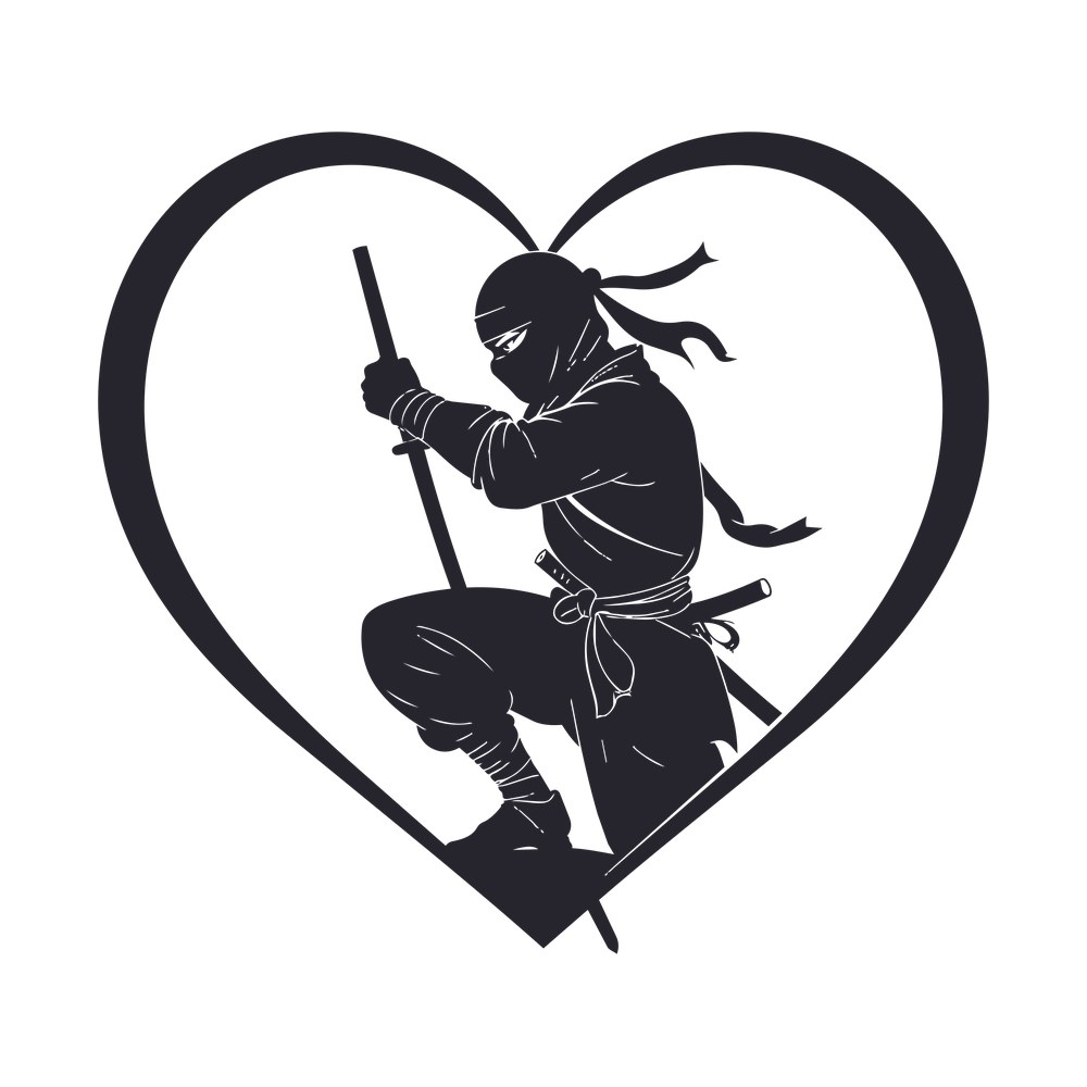 Silhouette of a kneeling masked ninja holding a staff, framed by a thin heart outline