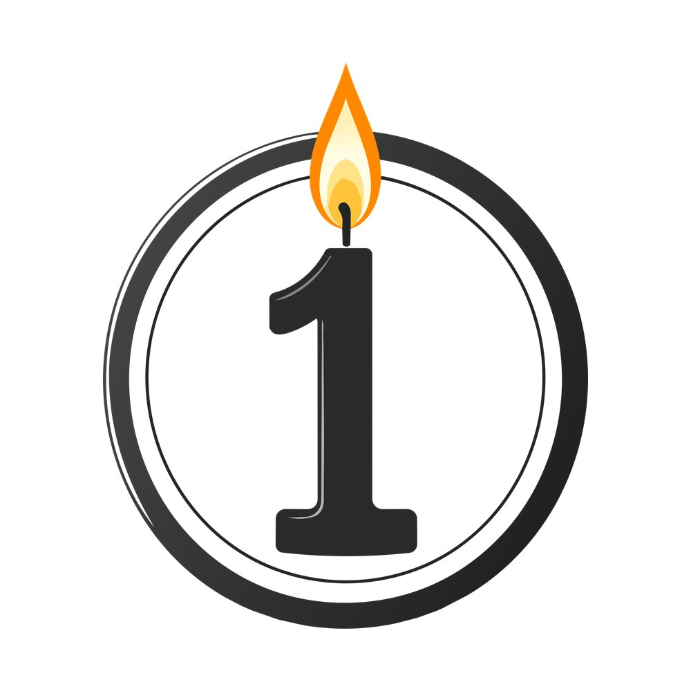 Number one birthday candle with an orange flame inside a round black badge frame