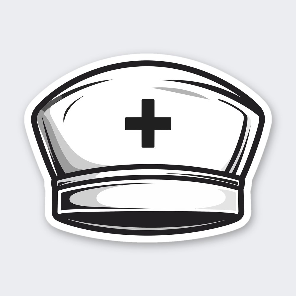 Outlined white nurse cap with gray shading, a folded brim and a black medical cross
