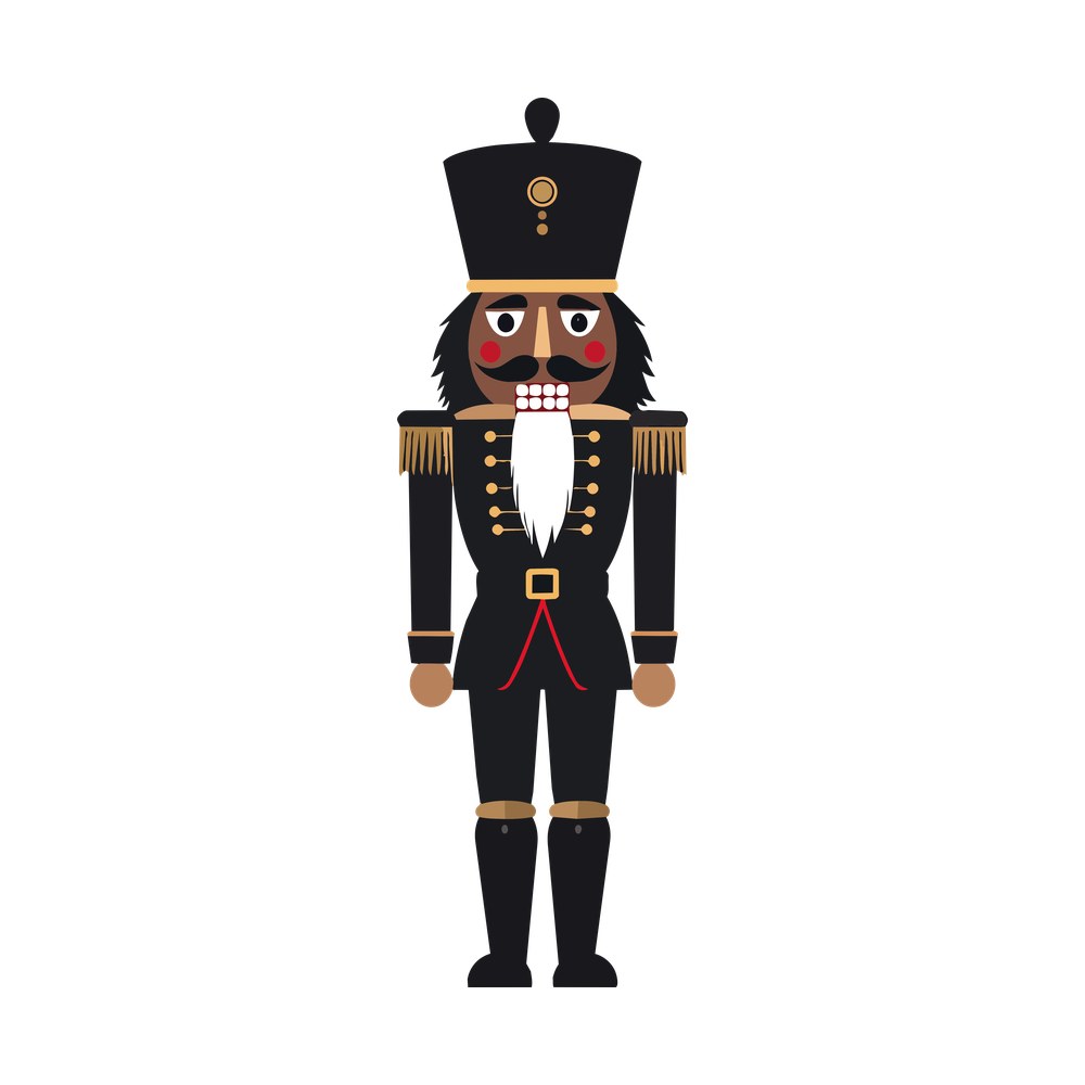 Nutcracker soldier in black uniform with gold epaulets, white beard and tall black hat