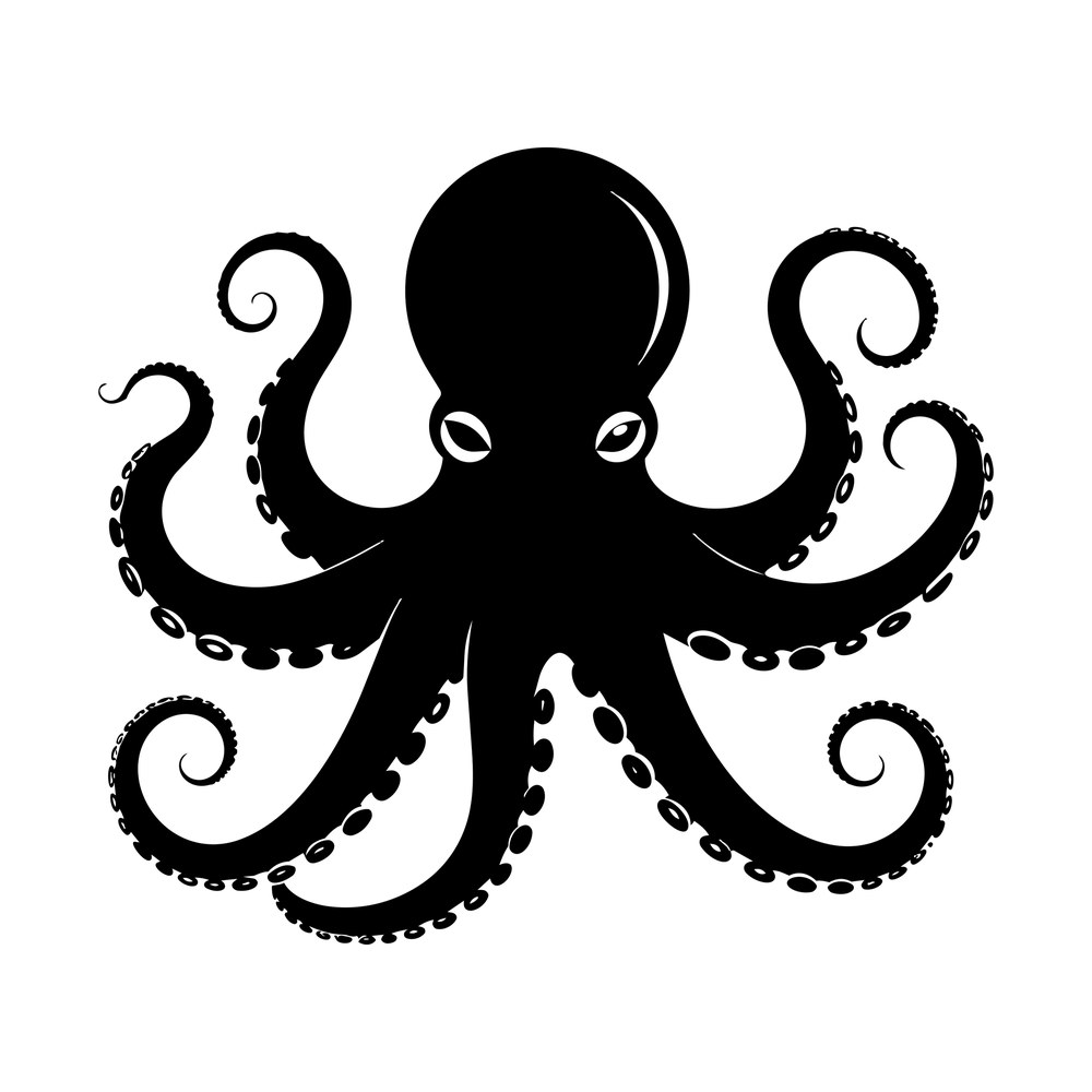 Black octopus sticker with domed head, slit eyes and eight curling suckered tentacles