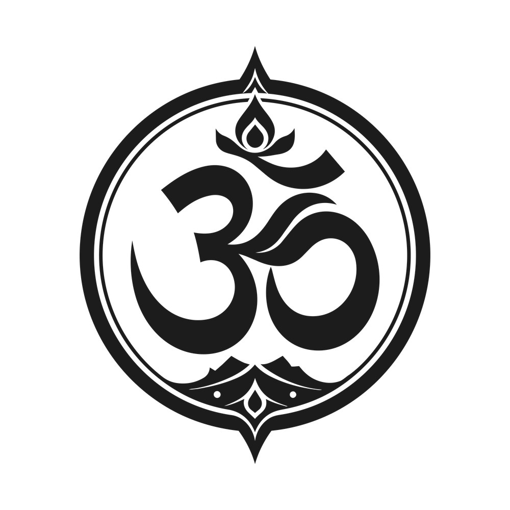 Om symbol inside a double circle badge with lotus petals above and below and pointed finials